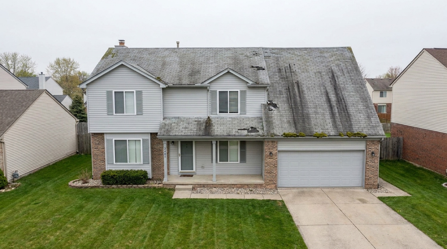 Worn, weather-beaten roof before replacement